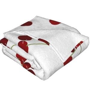 Soft White Fleece Throw Blanket with Red Cherry Print – Cozy Lightweight 40x30